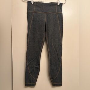 Athleta Heathered Charcoal Leggings with Brown Stitching